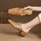 Women's Leather Mules Square Toe Block Heel Slip-On