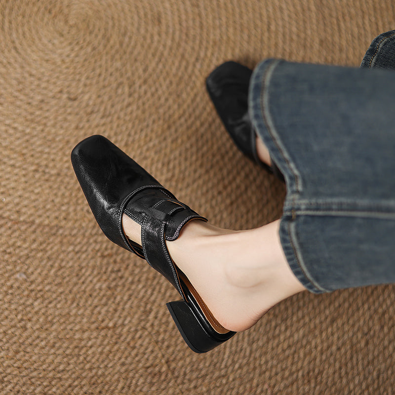 Women's Leather Mules Square Toe Block Heel Slip-On