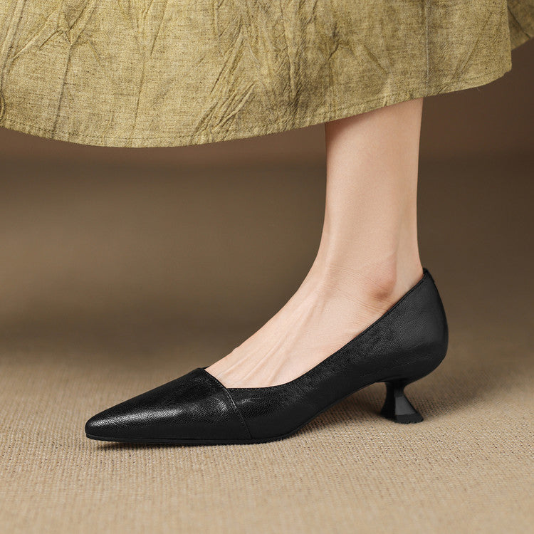 Women's Leather Pumps Pointed Toe Kitten Heel
