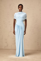 Catherine Asymmetrical Pleated Maxi Dress Sleeveless Mesh Shawl Baby Blue