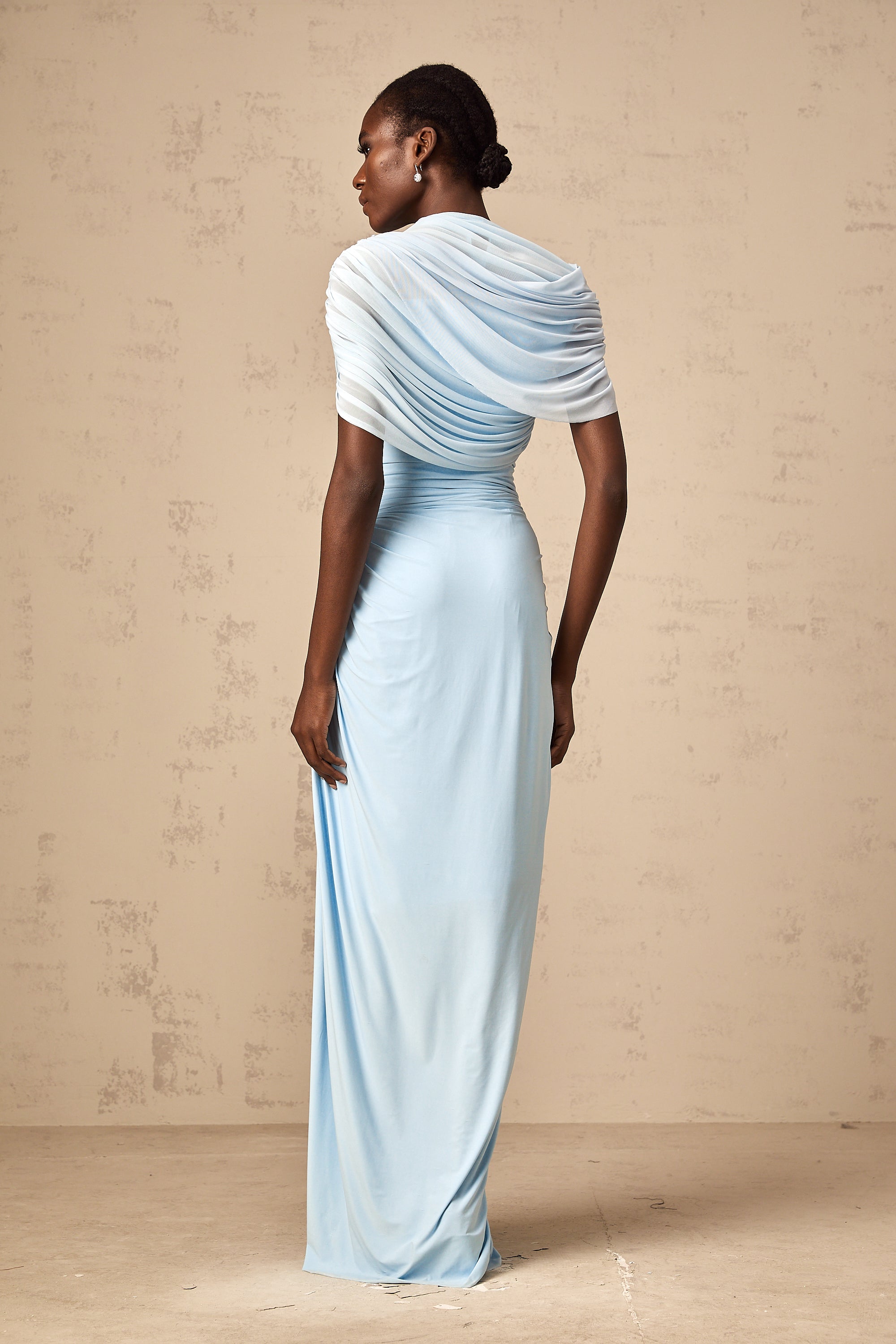 Catherine Asymmetrical Pleated Maxi Dress Sleeveless Mesh Shawl Baby Blue