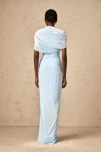 Catherine Asymmetrical Pleated Maxi Dress Sleeveless Mesh Shawl Baby Blue