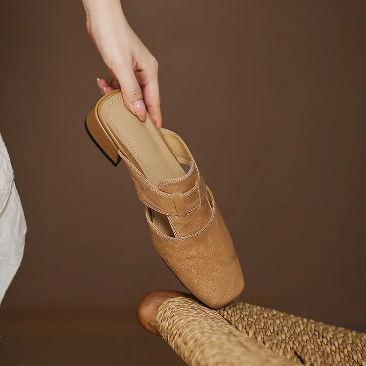 Women's Leather Mules Square Toe Block Heel Slip-On