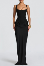 Paulette Ruched Corset Maxi Dress Sleeveless Rear Lace-Up Detail Black