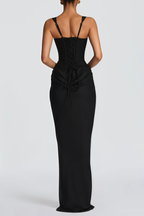 Paulette Ruched Corset Maxi Dress Sleeveless Rear Lace-Up Detail Black
