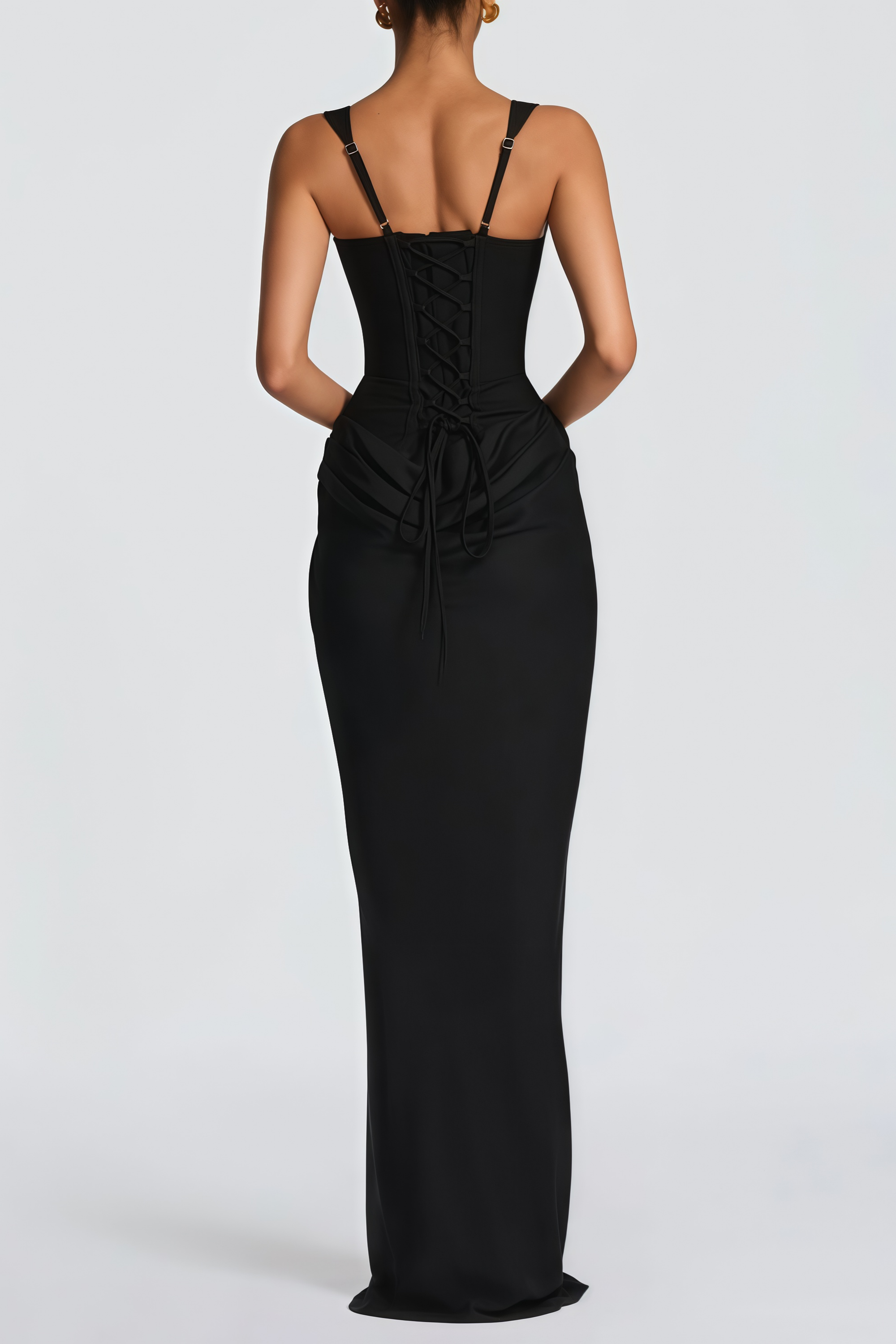 Paulette Ruched Corset Maxi Dress Sleeveless Rear Lace-Up Detail Black