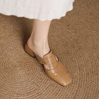 Women's Leather Mules Square Toe Block Heel Slip-On