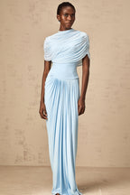 Catherine Asymmetrical Pleated Maxi Dress Sleeveless Mesh Shawl Baby Blue