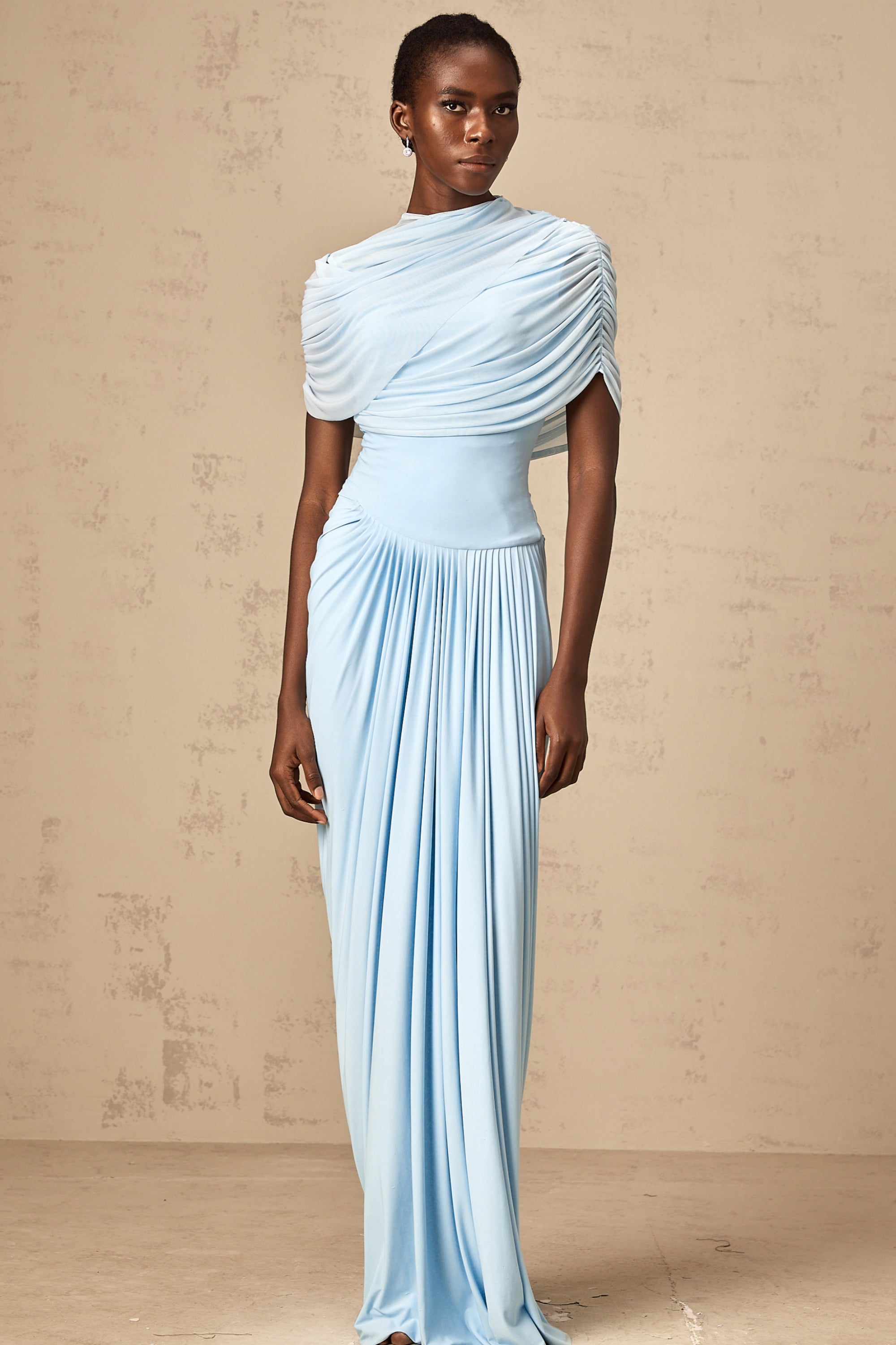Catherine Asymmetrical Pleated Maxi Dress Sleeveless Mesh Shawl Baby Blue