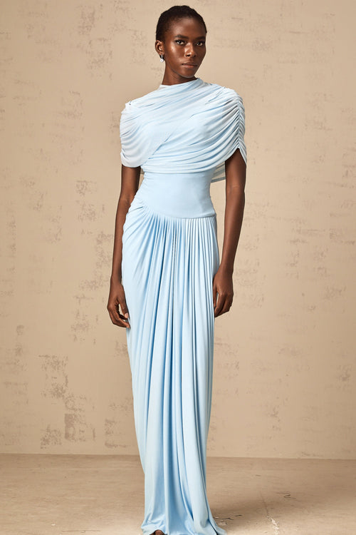 Catherine Asymmetrical Pleated Maxi Dress Sleeveless Mesh Shawl Baby Blue