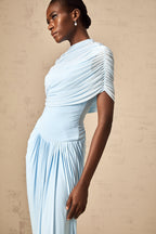 Catherine Asymmetrical Pleated Maxi Dress Sleeveless Mesh Shawl Baby Blue