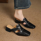 Women's Leather Mules Square Toe Block Heel Slip-On