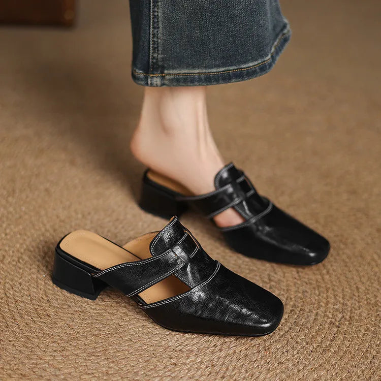 Women's Leather Mules Square Toe Block Heel Slip-On