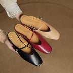 Women's Leather Mary Jane Mules Square Toe Buckled Strap