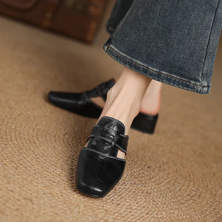 Women's Leather Mules Square Toe Block Heel Slip-On