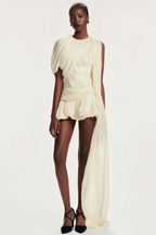 Cyrielle Pleated Mini Dress Round Neck Asymmetrical Ribbon Design Detail Neutrals