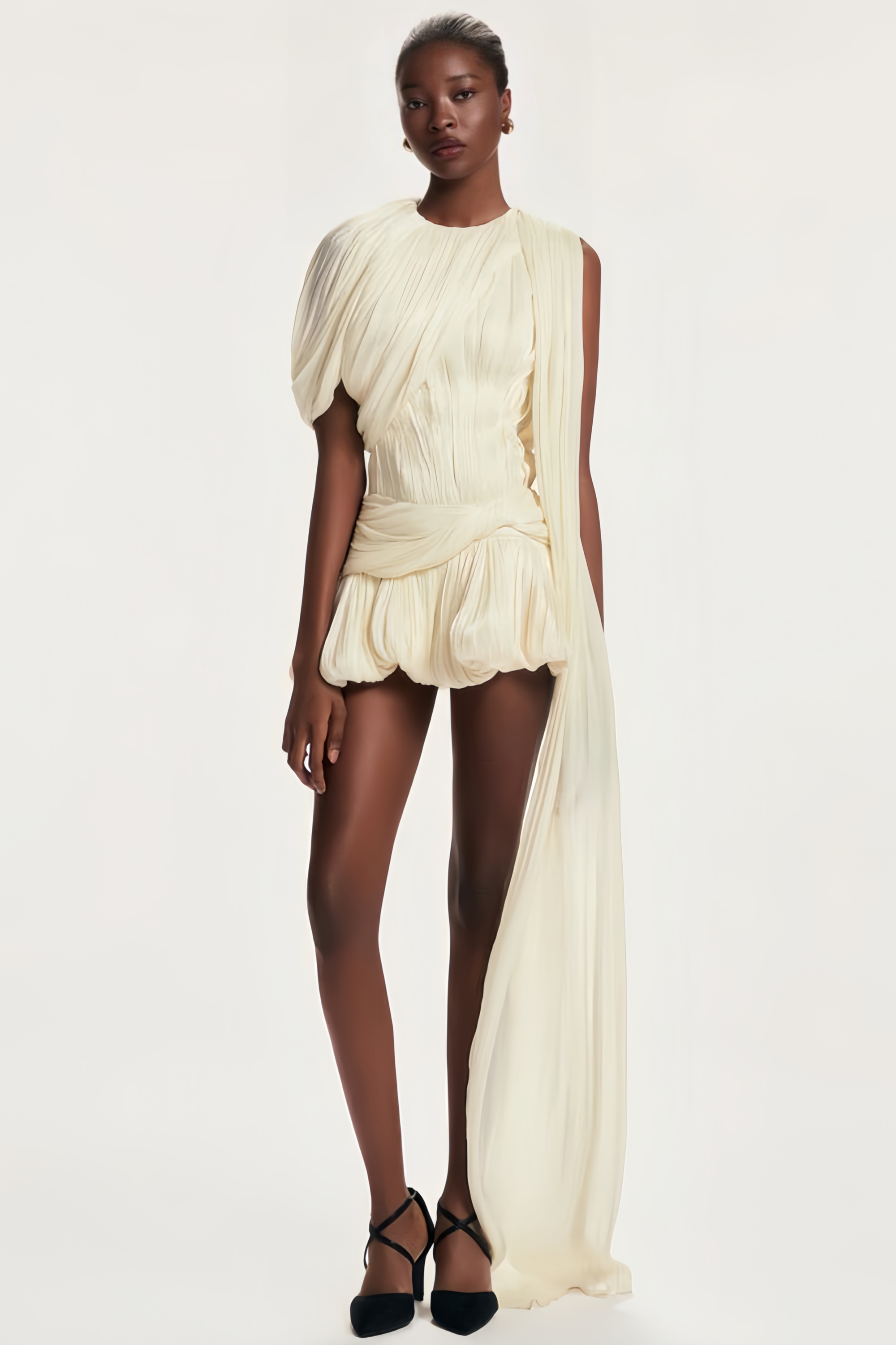 Cyrielle Pleated Mini Dress Round Neck Asymmetrical Ribbon Design Detail Neutrals