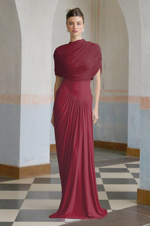 Catherine Asymmetrical Pleated Maxi Dress Crew Neck Sleeveless Mesh Detail Red