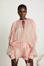 Eugénie Fully Pleated Ruffled Mini Dress Neck Tie Long Sleeve Detail Pink