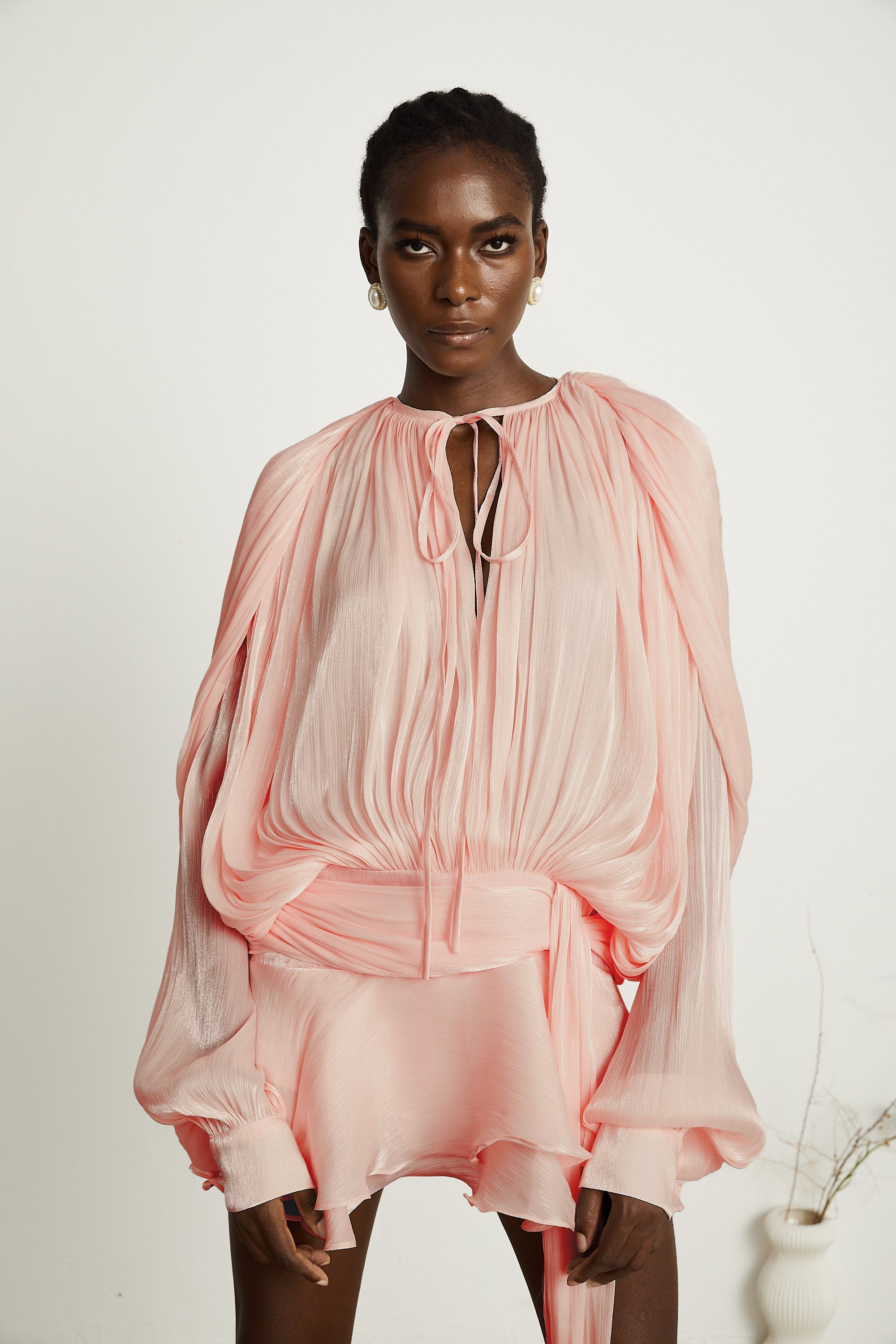 Eugénie Fully Pleated Ruffled Mini Dress Neck Tie Long Sleeve Detail Pink
