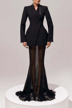 Enora Barrel Design Jacket Skirt Set V-Neck Mesh Pleated Detail Black