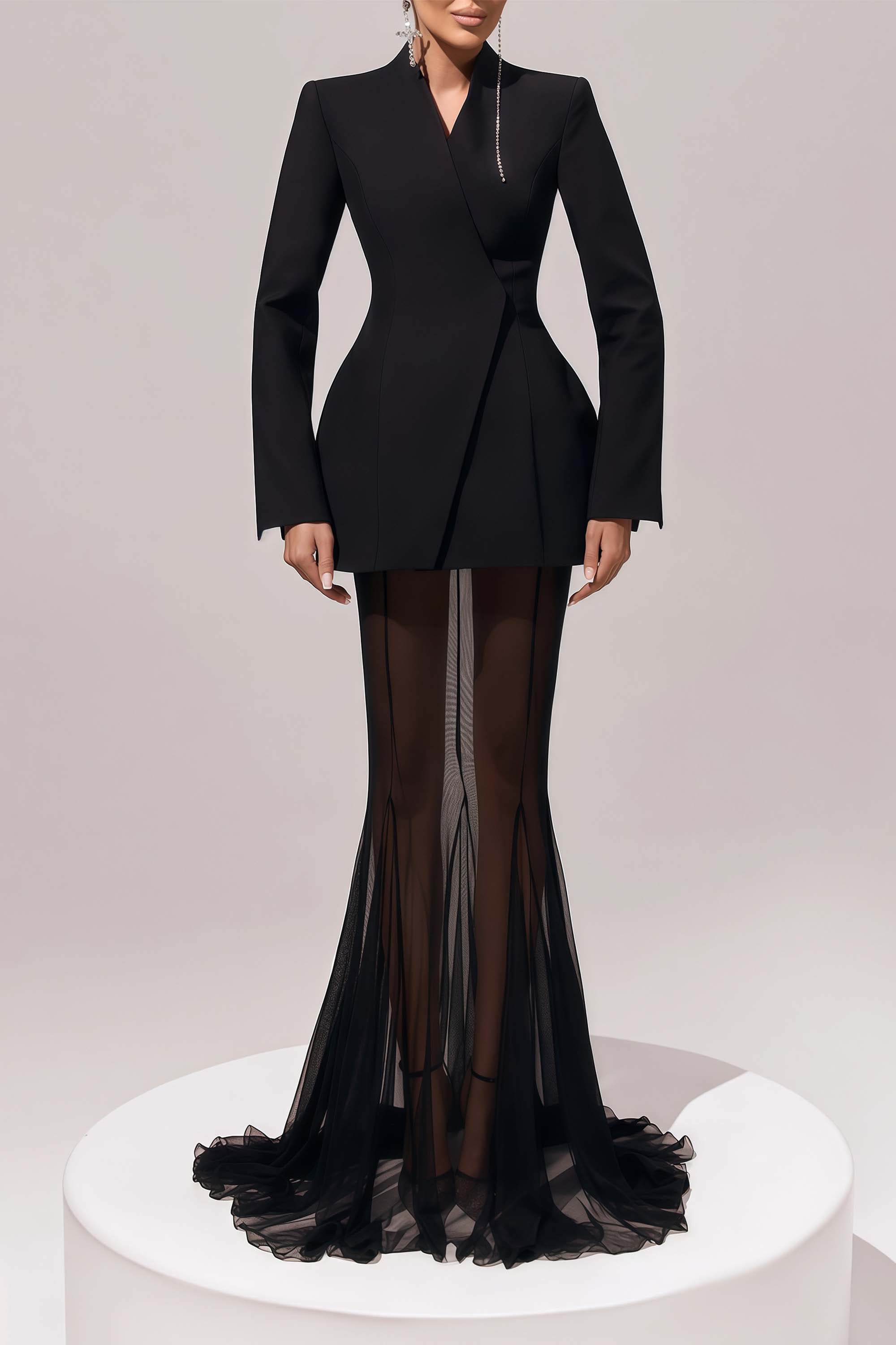 Enora Barrel Design Jacket Skirt Set V-Neck Mesh Pleated Detail Black