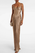 Nicoletta Gold Glossy Pleated Corset Maxi Dress with Front Slit
