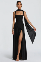 Sidonie Asymmetrical Maxi Gown Square Neck Spaghetti Strap Ruched Detail Black