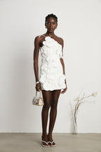 Liane Floral Off-Shoulder Mini Dress Sleeveless Asymmetrical Faux-Flower Detail White