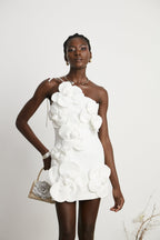Liane Floral Off-Shoulder Mini Dress Sleeveless Asymmetrical Faux-Flower Detail White