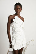 Liane Floral Off-Shoulder Mini Dress Sleeveless Asymmetrical Faux-Flower Detail White