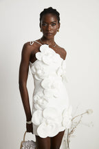 Liane Floral Off-Shoulder Mini Dress Sleeveless Asymmetrical Faux-Flower Detail White