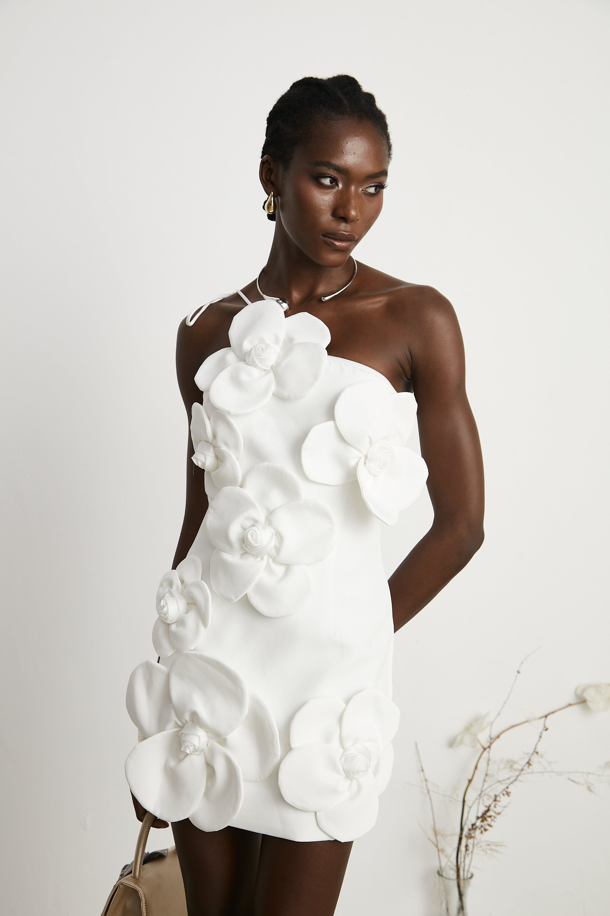 Liane Floral Off-Shoulder Mini Dress Sleeveless Asymmetrical Faux-Flower Detail White