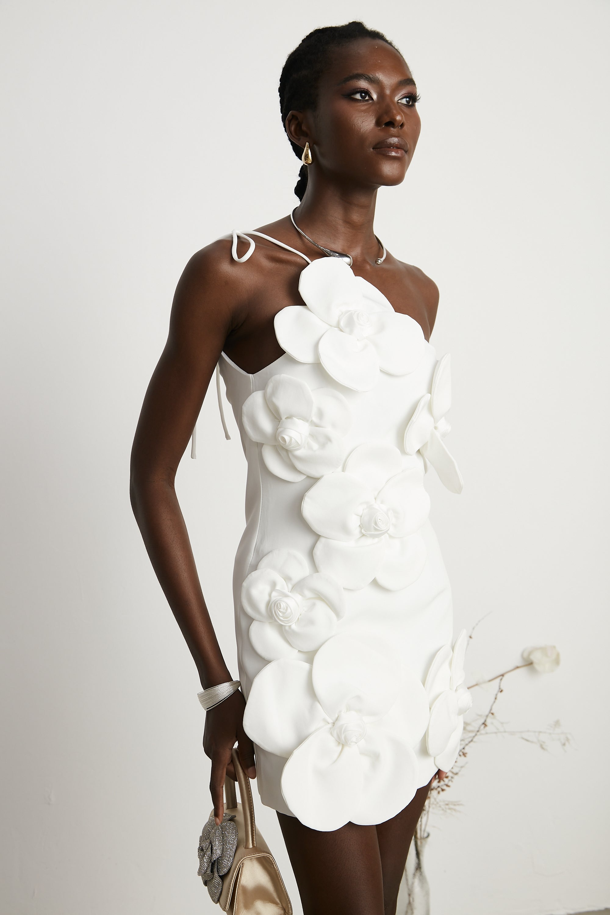 Liane Floral Off-Shoulder Mini Dress Sleeveless Asymmetrical Faux-Flower Detail White
