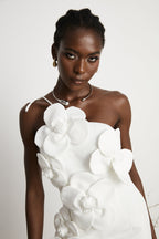 Liane Floral Off-Shoulder Mini Dress Sleeveless Asymmetrical Faux-Flower Detail White