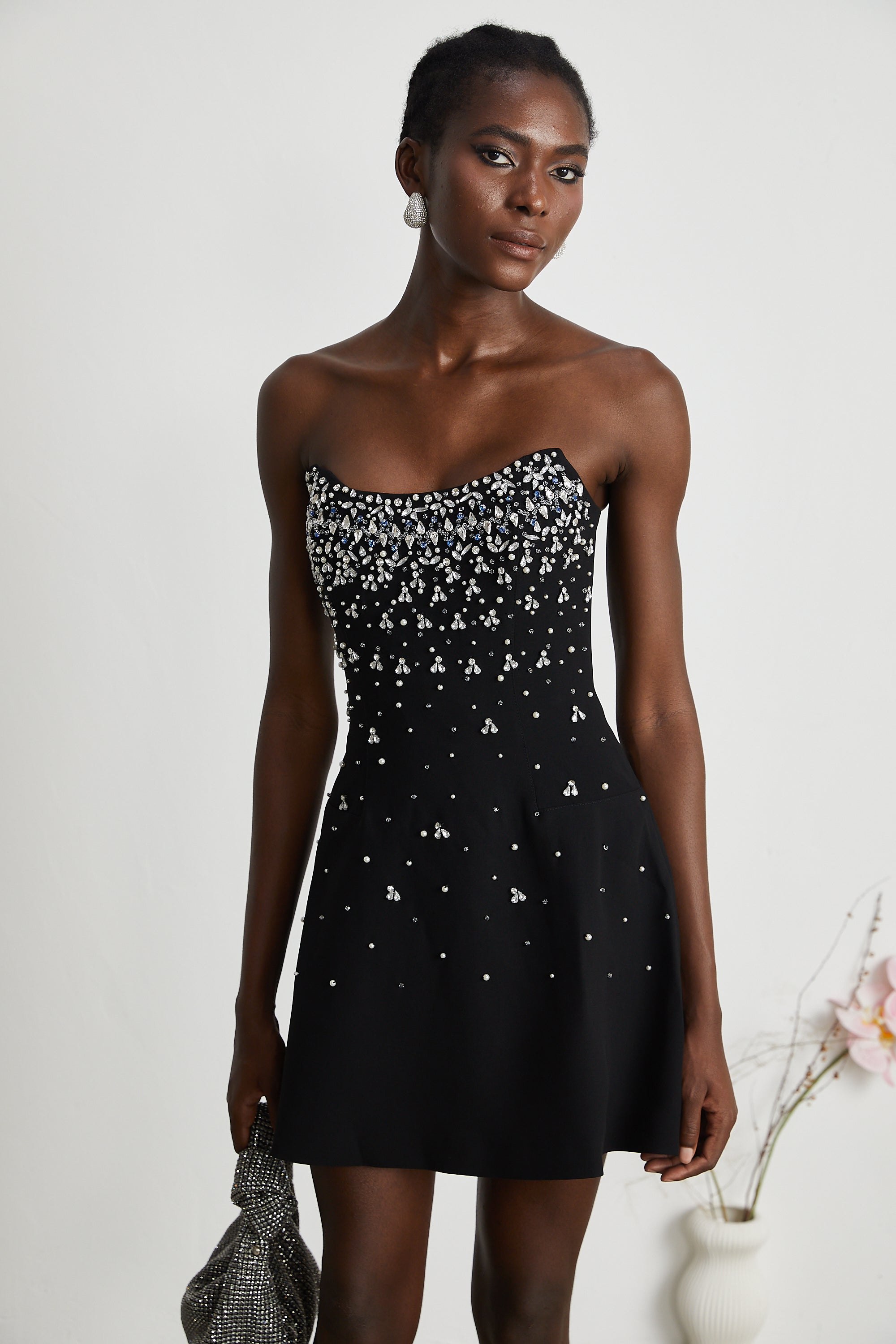Melisande Embellished Mini Dress Off-Shoulder Sleeveless Rear Zip Detail Black