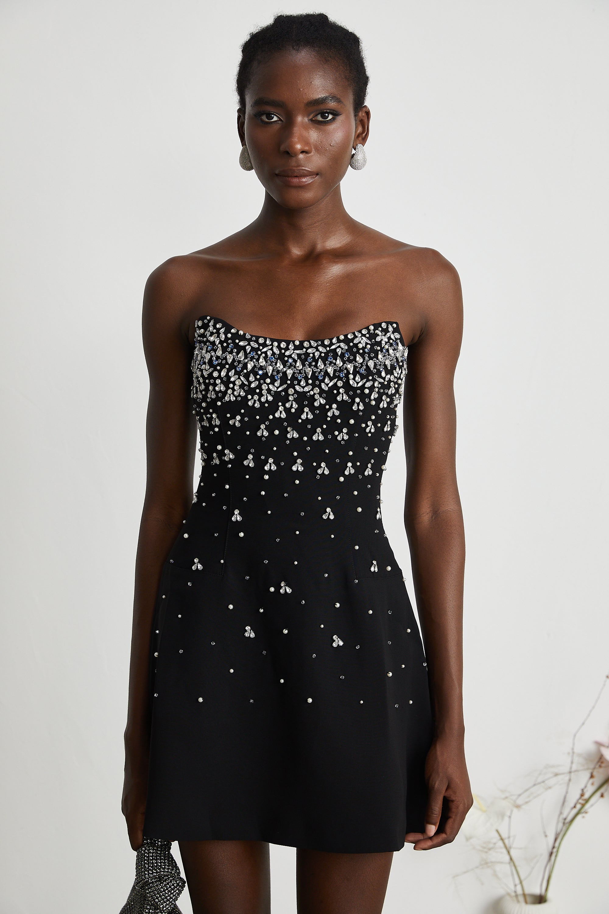 Melisande Embellished Mini Dress Off-Shoulder Sleeveless Rear Zip Detail Black