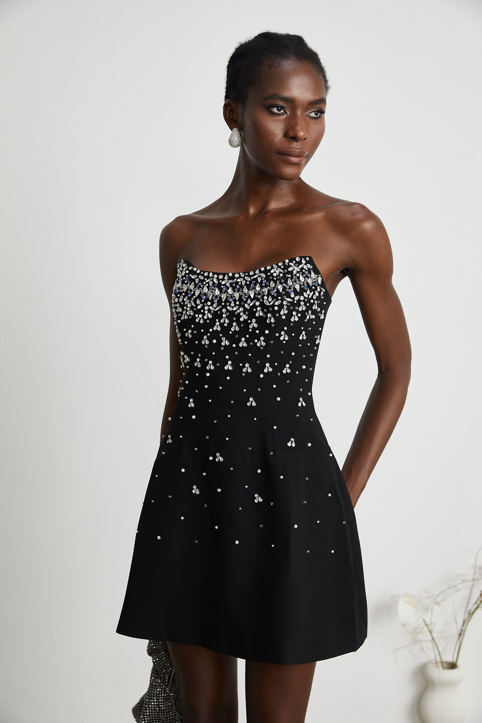 Melisande Embellished Mini Dress Off-Shoulder Sleeveless Rear Zip Detail Black