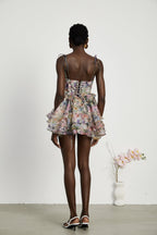 Juliette Floral Print Pleated Mini Dress Spaghetti Strap Tiered Detail Pink