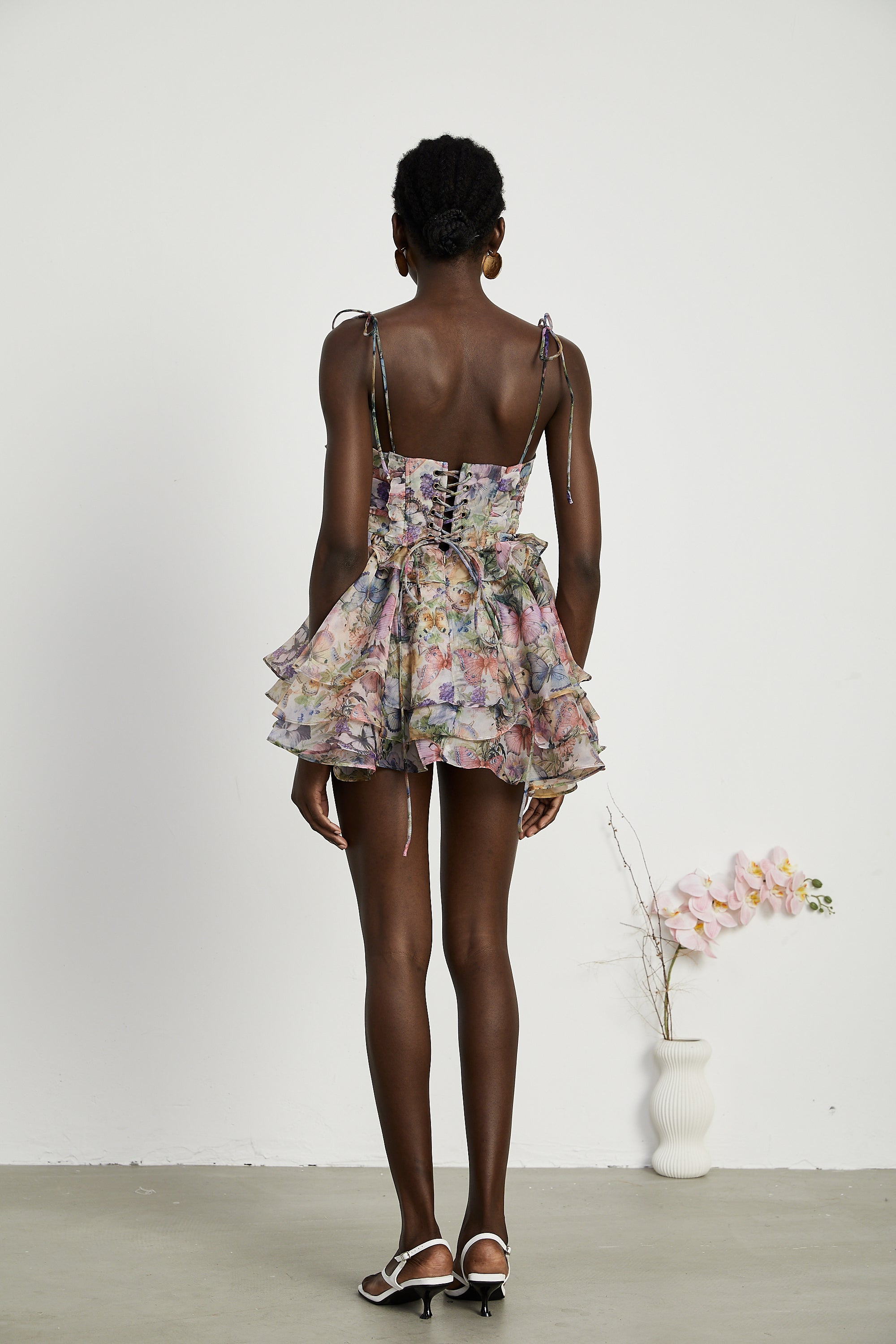 Juliette Floral Print Pleated Mini Dress Spaghetti Strap Tiered Detail Pink