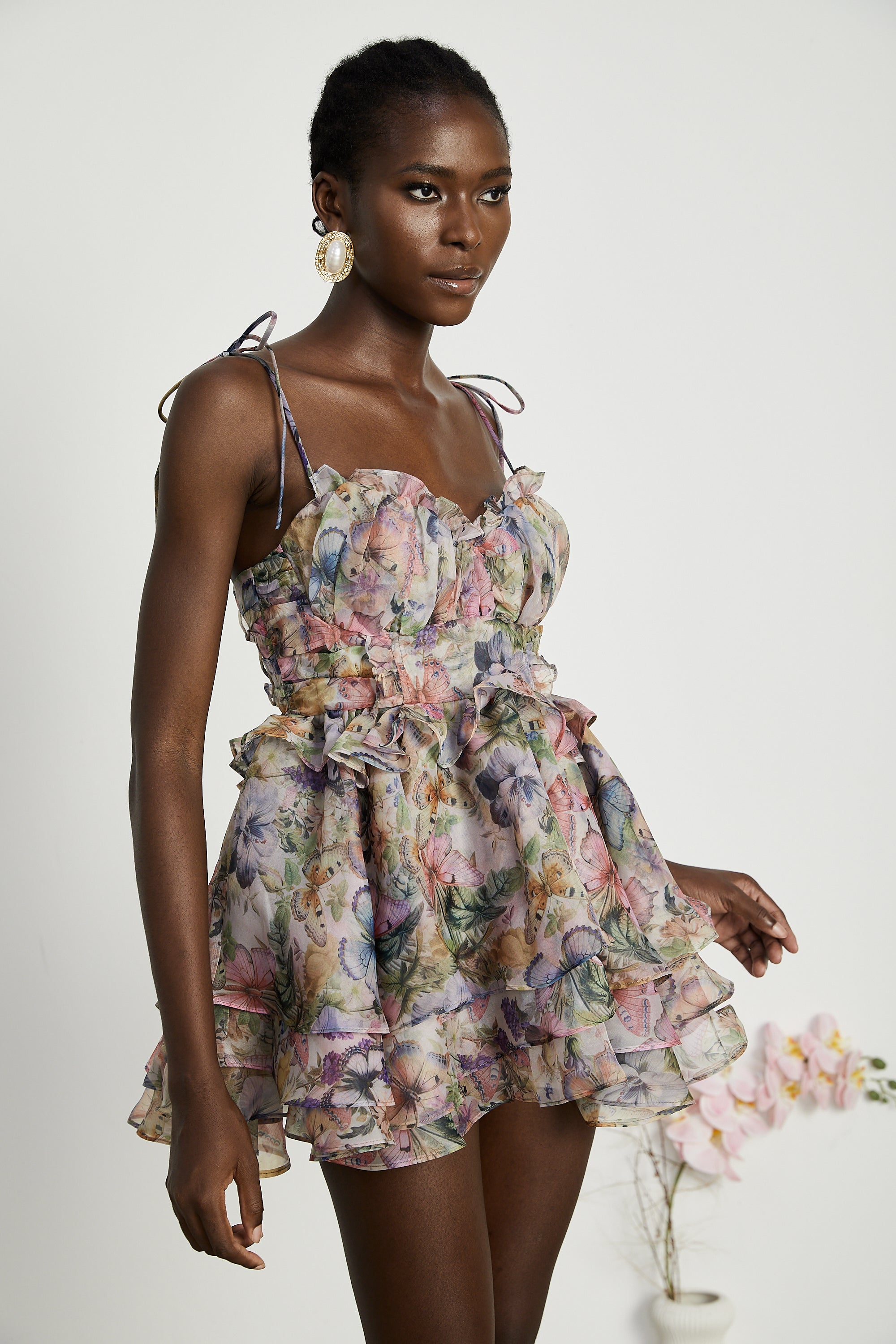 Juliette Floral Print Pleated Mini Dress Spaghetti Strap Tiered Detail Pink