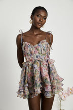 Juliette Floral Print Pleated Mini Dress Spaghetti Strap Tiered Detail Pink