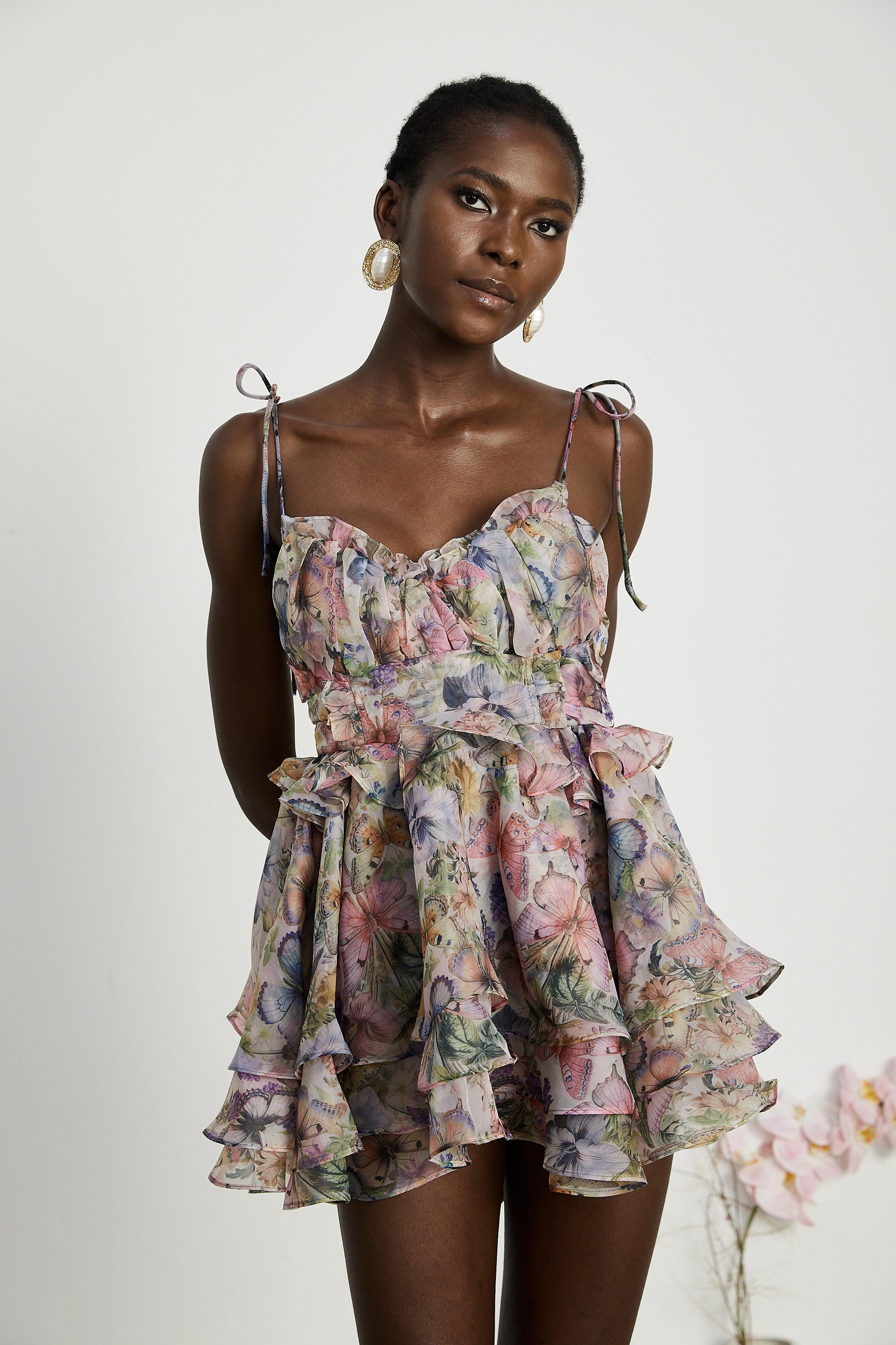 Juliette Floral Print Pleated Mini Dress Spaghetti Strap Tiered Detail Pink
