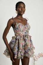 Juliette Floral Print Pleated Mini Dress Spaghetti Strap Tiered Detail Pink