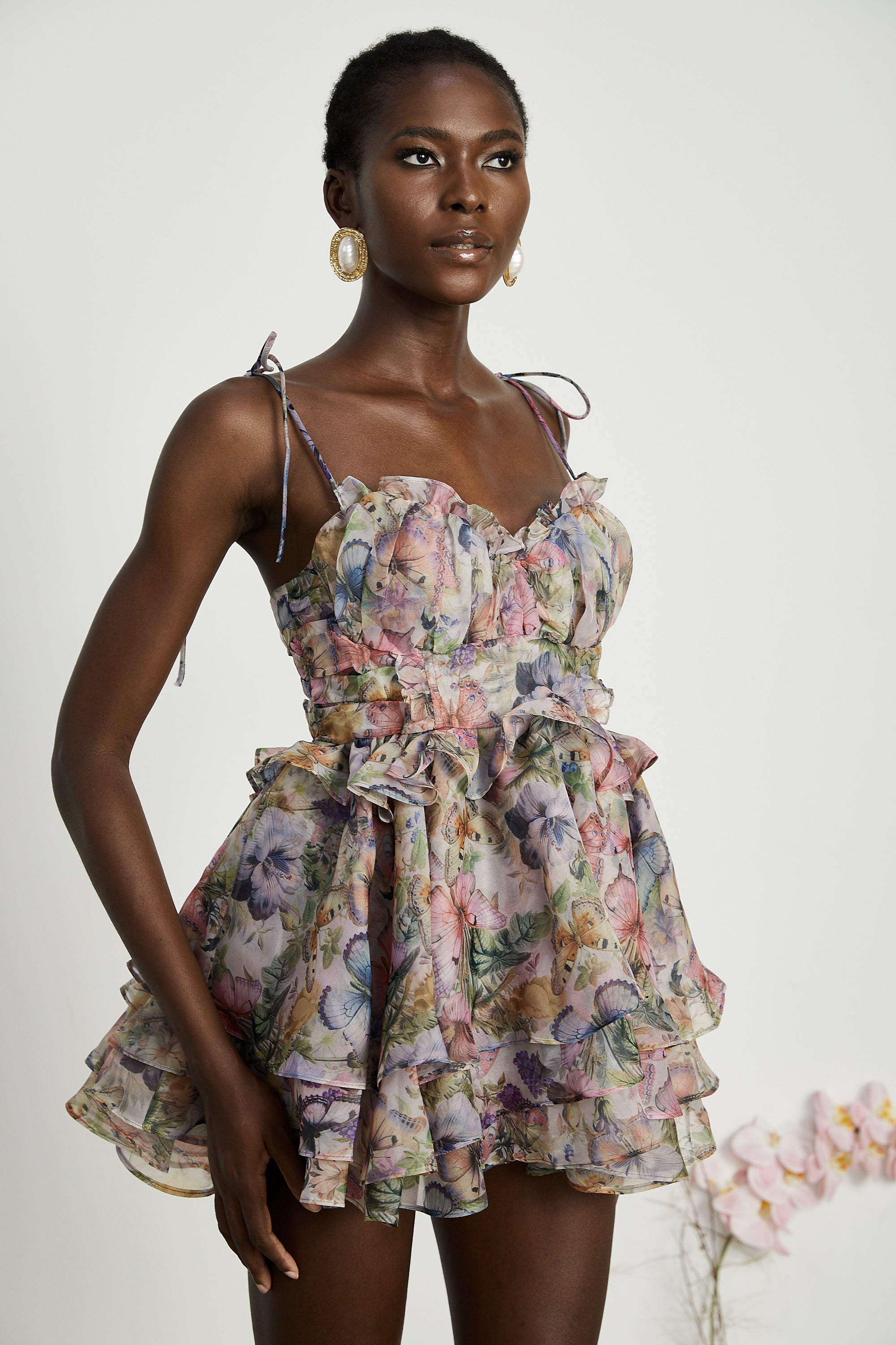 Juliette Floral Print Pleated Mini Dress Spaghetti Strap Tiered Detail Pink