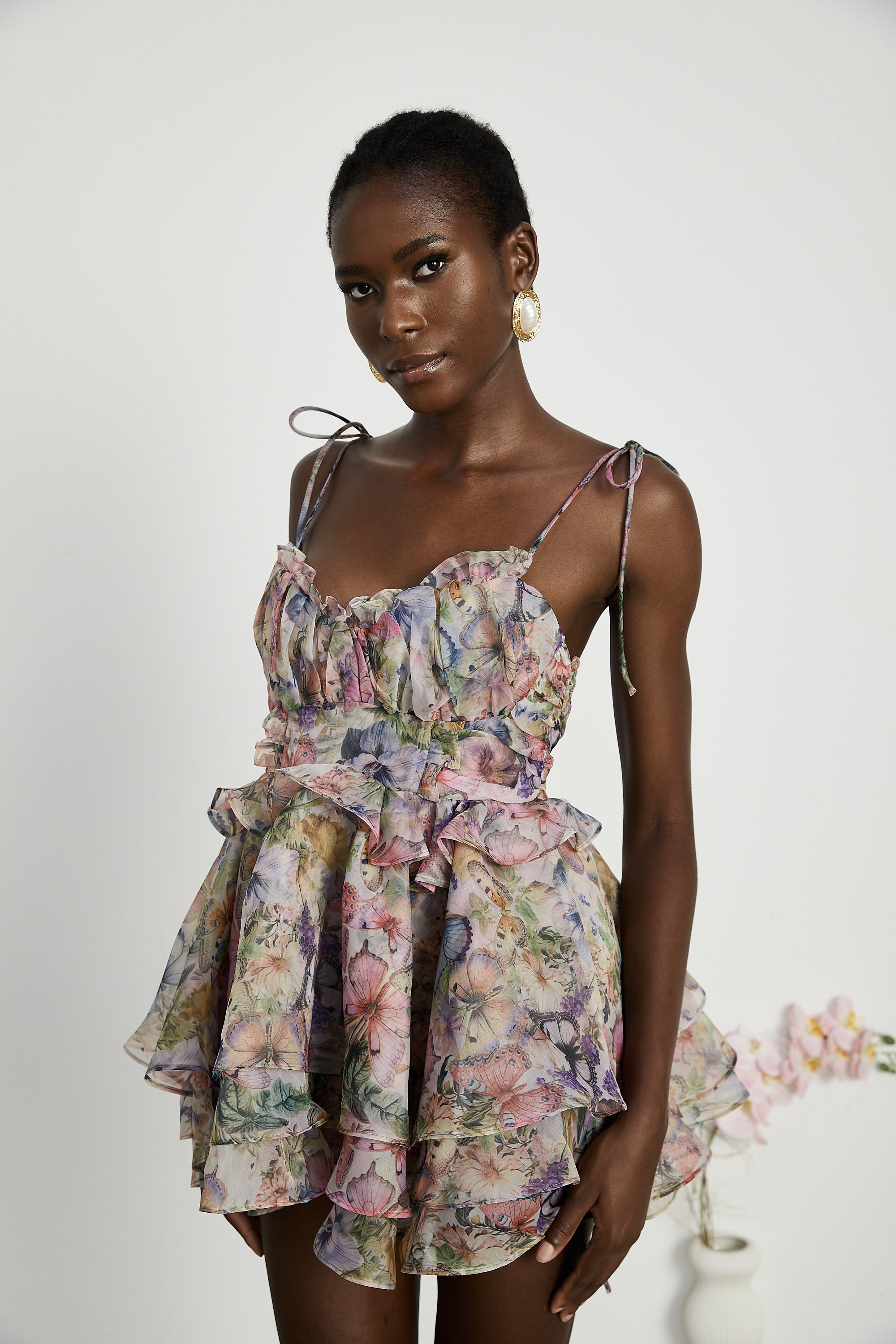 Juliette Floral Print Pleated Mini Dress Spaghetti Strap Tiered Detail Pink