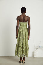 Inès Lace Floral Embroidered Midi Dress Off-Shoulder Cut-Out Detail Green