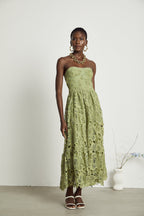 Inès Lace Floral Embroidered Midi Dress Off-Shoulder Cut-Out Detail Green