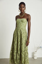 Inès Lace Floral Embroidered Midi Dress Off-Shoulder Cut-Out Detail Green