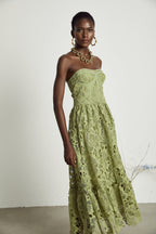 Inès Lace Floral Embroidered Midi Dress Off-Shoulder Cut-Out Detail Green